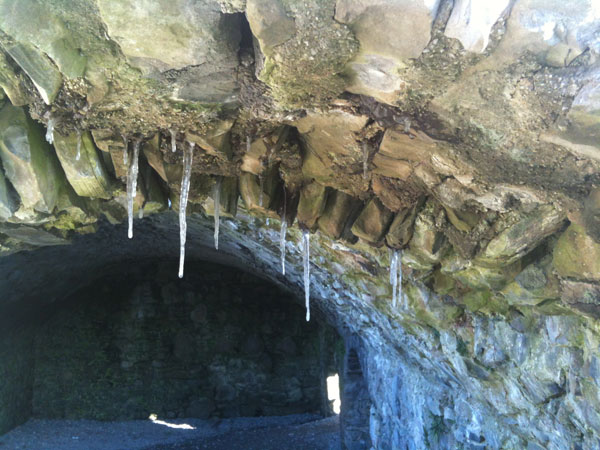 Icicles in the vaults of Kendal Castle.